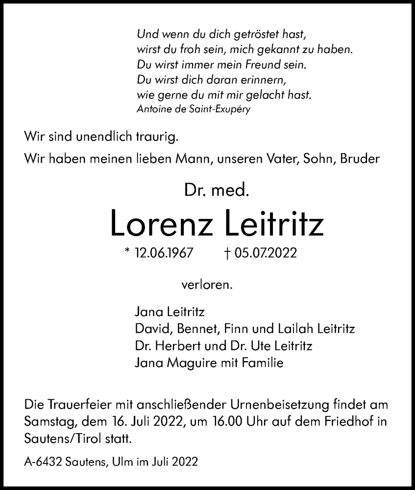  Traueranzeige für Lorenz Leitritz vom 09.07.2022 aus SÜDWEST PRESSE Ausgabe Ulm/Neu-Ulm