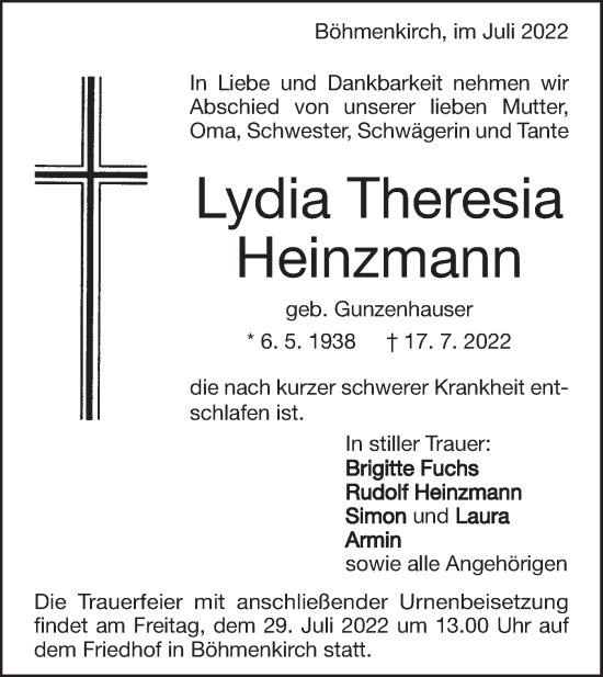 Traueranzeige von Lydia Theresia Heinzmann von Geislinger Zeitung