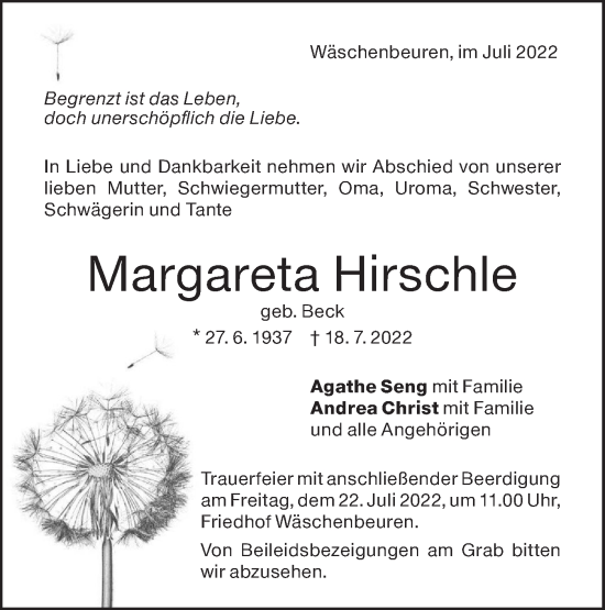 Traueranzeige von Margareta Hirschle von NWZ Neue Württembergische Zeitung