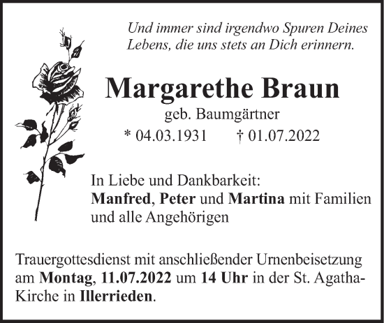 Traueranzeige von Margarethe Braun von SÜDWEST PRESSE Ausgabe Ulm/Neu-Ulm