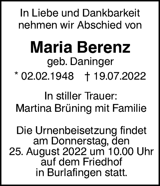 Traueranzeige von Maria Berenz von SÜDWEST PRESSE Ausgabe Ulm/Neu-Ulm