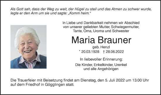 Traueranzeige von Maria Brauner von SÜDWEST PRESSE Ausgabe Ulm/Neu-Ulm