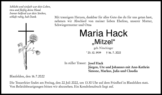 Traueranzeige von Maria Hack von Hohenloher Tagblatt