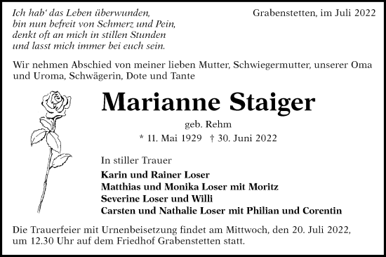 Traueranzeige von Marianne Staiger von Alb-Bote/Metzinger-Uracher Volksblatt