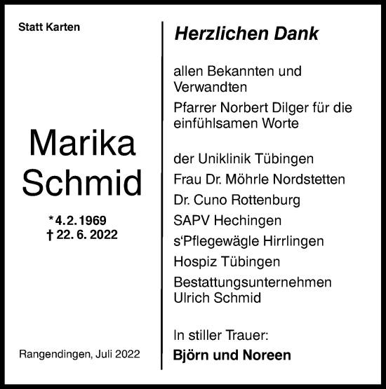 Traueranzeige von Marika Schmid von Metzinger-Uracher Volksblatt