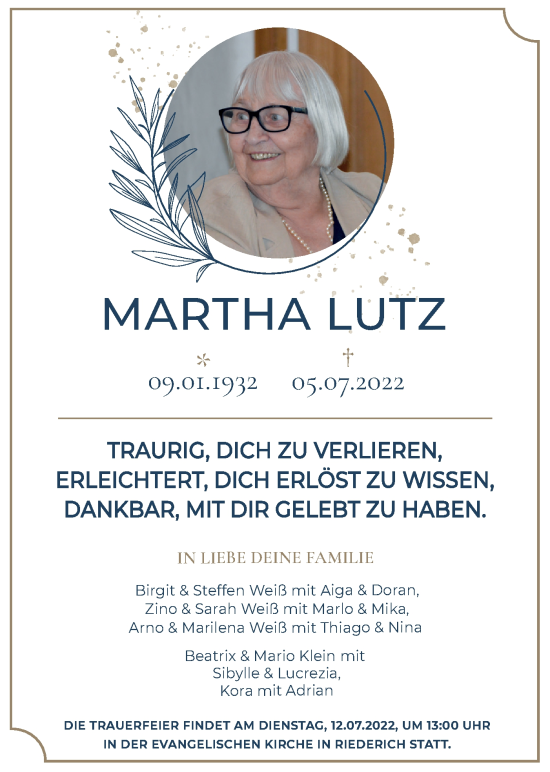 Traueranzeige von Martha Lutz von Metzinger-Uracher Volksblatt