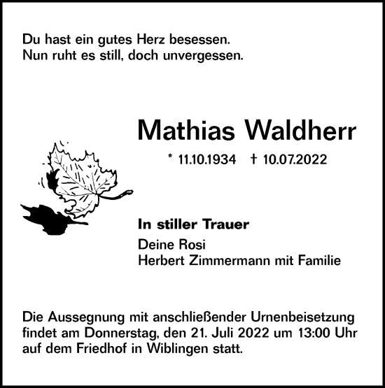 Traueranzeige von Mathias Waldherr von SÜDWEST PRESSE Ausgabe Ulm/Neu-Ulm