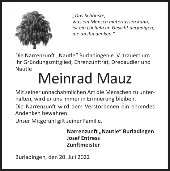 Traueranzeige von Meinrad Mauz  von Metzinger-Uracher Volksblatt