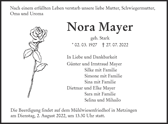 Traueranzeige von Nora Mayer von Metzinger-Uracher Volksblatt