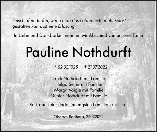 Traueranzeige von Pauline Nothdurft von Rundschau Gaildorf