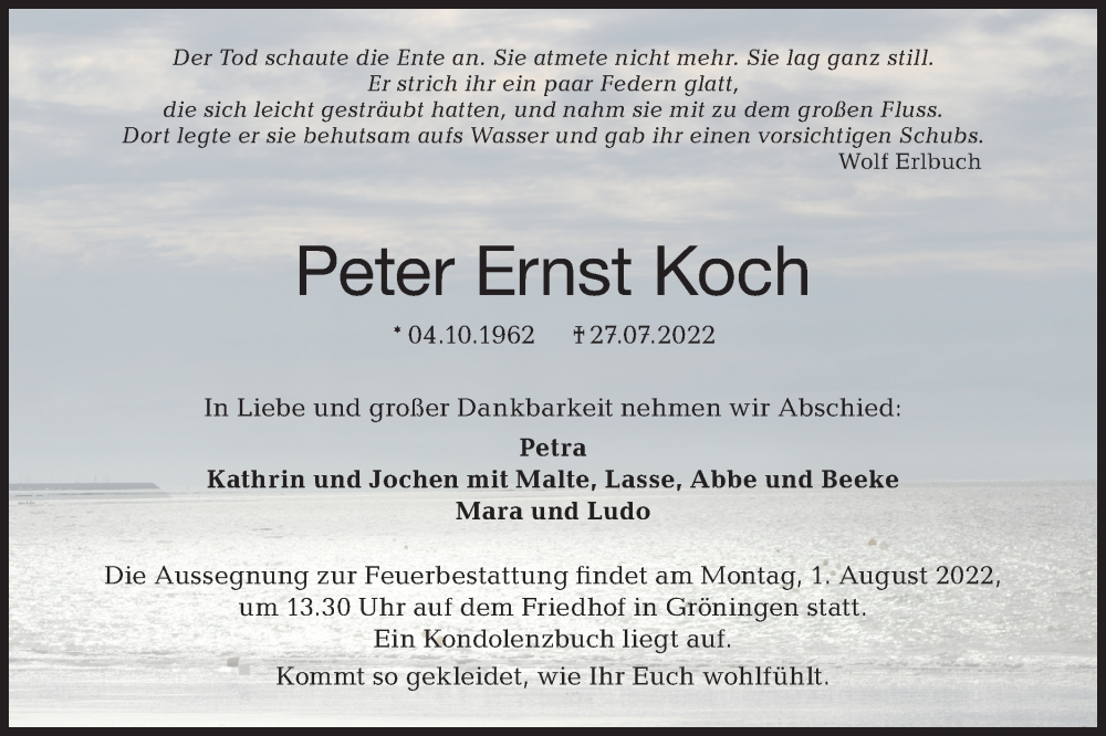  Traueranzeige für Peter Ernst Koch vom 30.07.2022 aus Hohenloher Tagblatt