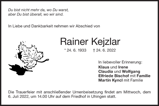 Traueranzeige von Rainer Kejzlar von NWZ Neue Württembergische Zeitung