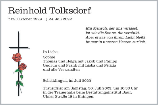 Traueranzeige von Reinhold Tolksdorf von Ehinger Tagblatt