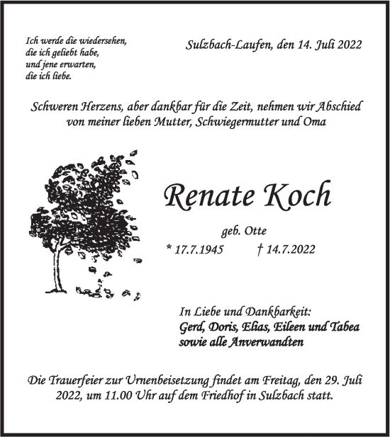 Traueranzeige von Renate Koch von Rundschau Gaildorf