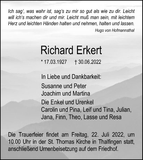 Traueranzeige von Richard Erkert von SÜDWEST PRESSE Ausgabe Ulm/Neu-Ulm