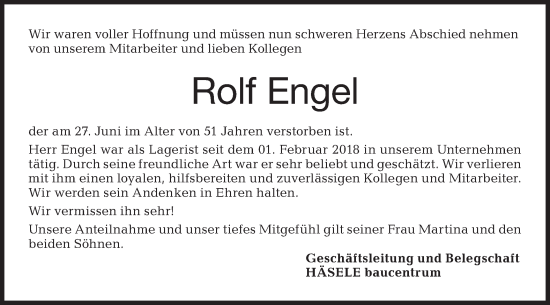 Traueranzeige von Rolf Engel von Haller Tagblatt