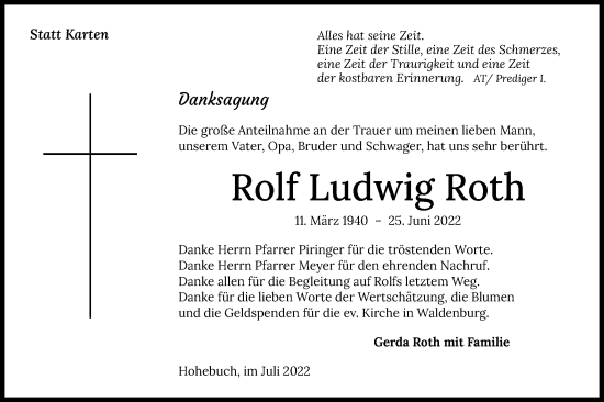 Traueranzeige von Rolf Ludwig Roth von Haller Tagblatt