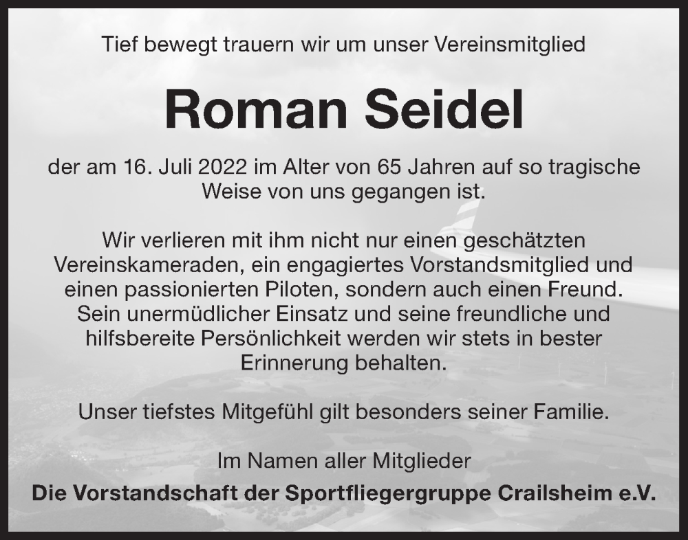  Traueranzeige für Roman Seidel vom 26.07.2022 aus Rundschau Gaildorf