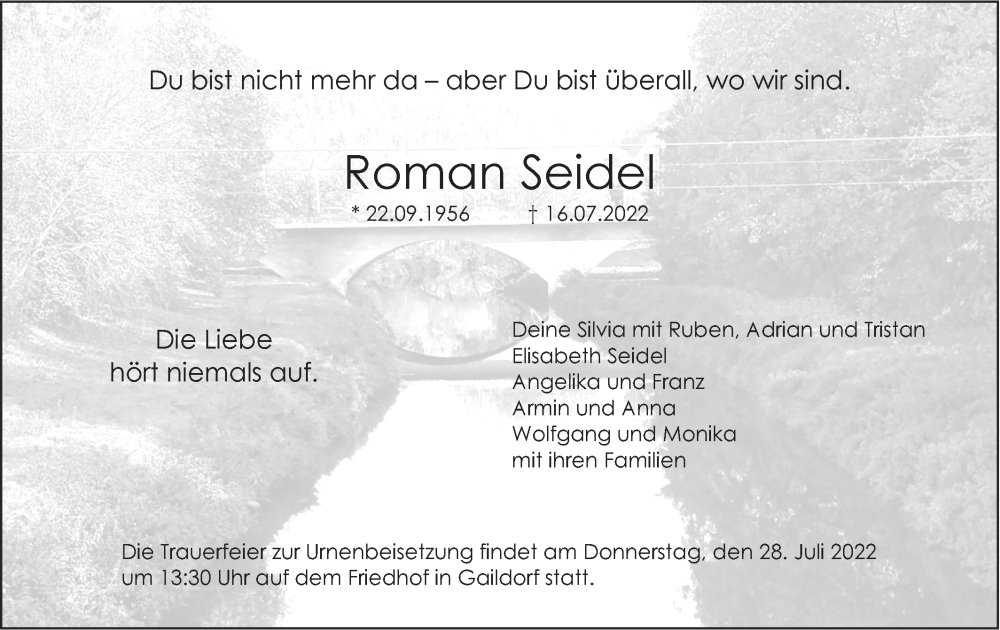  Traueranzeige für Roman Seidel vom 26.07.2022 aus Rundschau Gaildorf