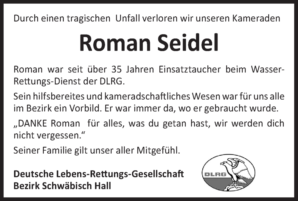  Traueranzeige für Roman Seidel vom 28.07.2022 aus Haller Tagblatt