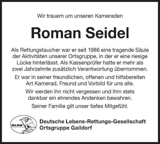 Traueranzeige von Roman Seidel von Rundschau Gaildorf