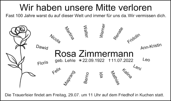 Traueranzeige von Rosa Zimmermann von NWZ Neue Württembergische Zeitung/Geislinger Zeitung