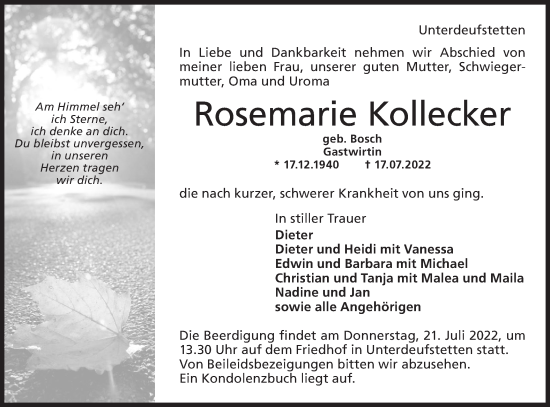 Traueranzeige von Rosemarie Kollecker von Hohenloher Tagblatt