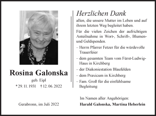 Traueranzeige von Rosina Galonska von Hohenloher Tagblatt