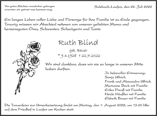 Traueranzeige von Ruth Blind von Rundschau Gaildorf