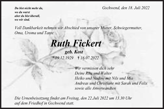 Traueranzeige von Ruth Fickert von Rundschau Gaildorf