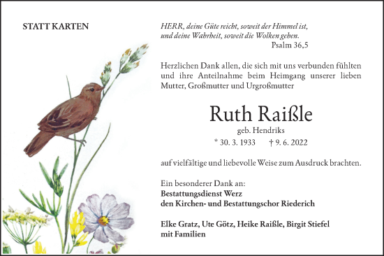 Traueranzeige von Ruth Raißle von Metzinger-Uracher Volksblatt