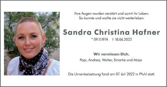 Traueranzeige von Sandra Christina Hafner von SÜDWEST PRESSE Ausgabe Ulm/Neu-Ulm