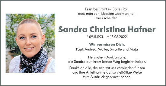 Traueranzeige von Sandra Christina Hafner von SÜDWEST PRESSE Ausgabe Ulm/Neu-Ulm