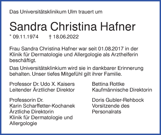 Traueranzeige von Sandra Christina Hafner von SÜDWEST PRESSE Ausgabe Ulm/Neu-Ulm