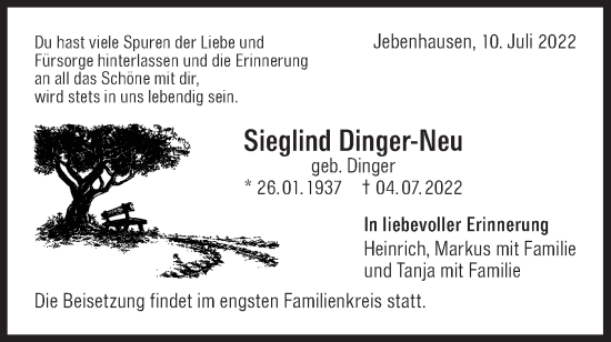 Traueranzeige von Sieglind Dinger-Neu von NWZ Neue Württembergische Zeitung