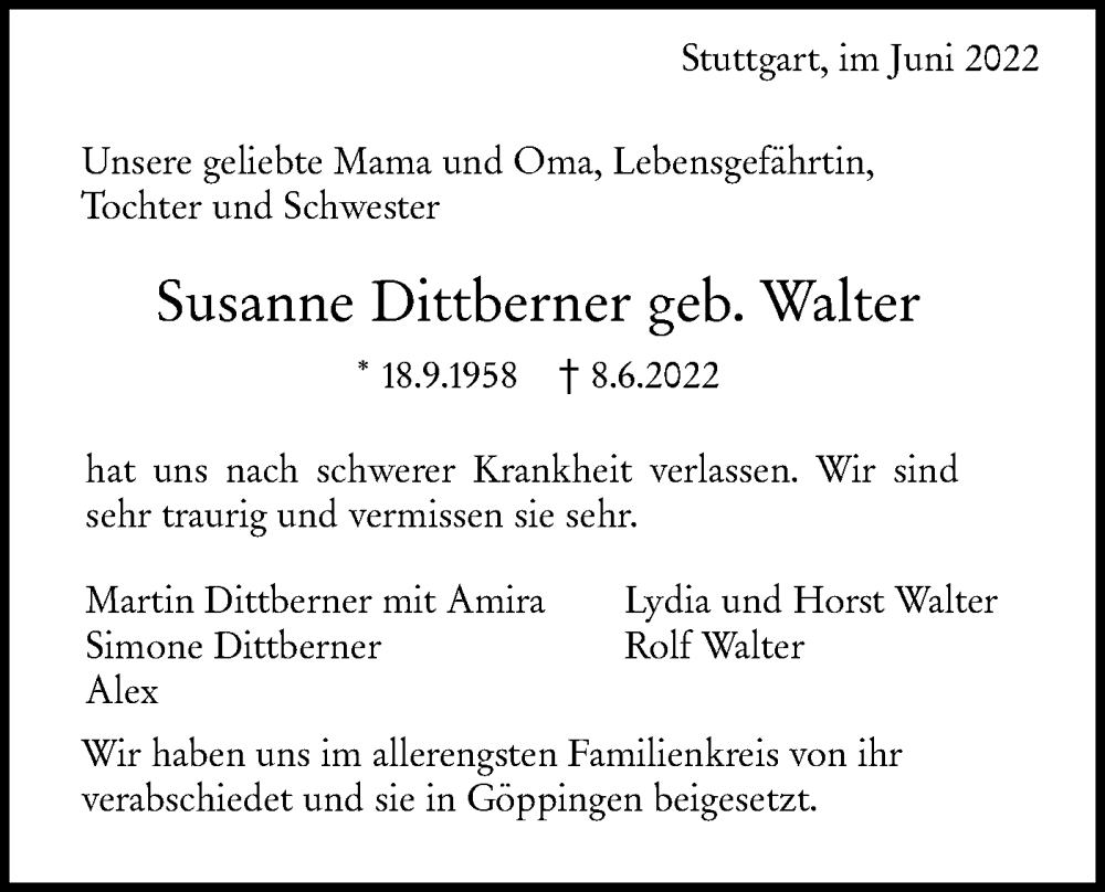  Traueranzeige für Susanne Dittberner vom 02.07.2022 aus NWZ Neue Württembergische Zeitung