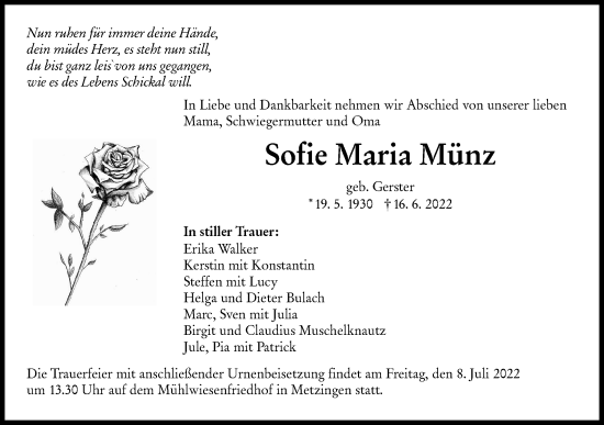 Traueranzeige von Sofie Maria Münz von Metzinger-Uracher Volksblatt