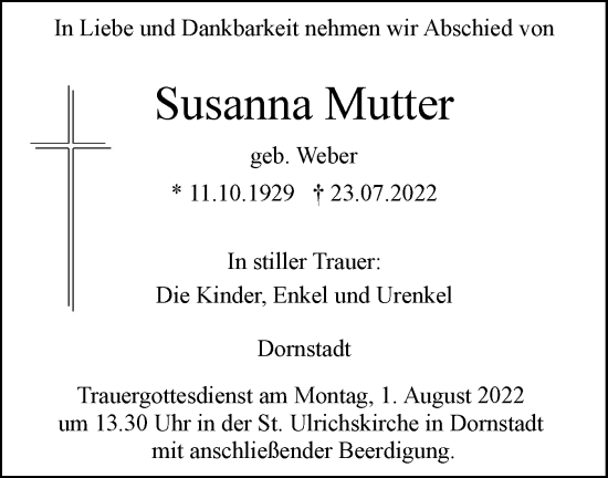 Traueranzeige von Susanna Mutter von SÜDWEST PRESSE Ausgabe Ulm/Neu-Ulm