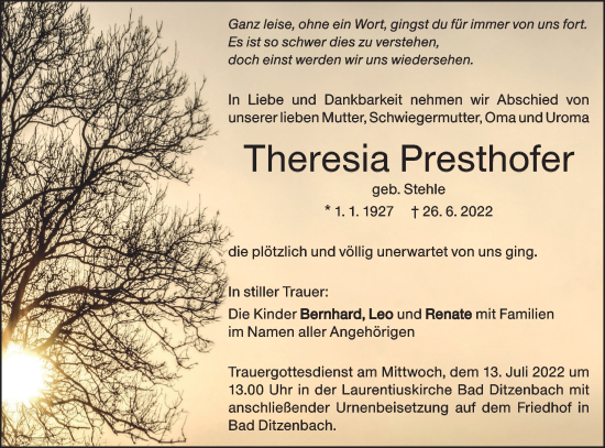 Traueranzeige von Theresia Presthofer von Geislinger Zeitung