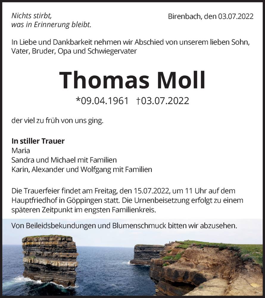  Traueranzeige für Thomas Moll vom 09.07.2022 aus NWZ Neue Württembergische Zeitung