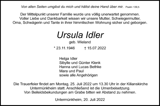 Traueranzeige von Ursula Idler von Haller Tagblatt