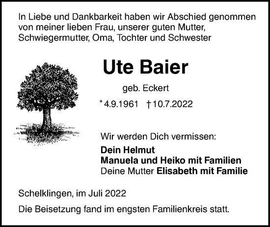 Traueranzeige von Ute Baier von Ehinger Tagblatt