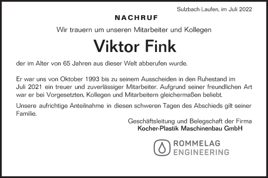 Traueranzeige von Viktor Fink von Rundschau Gaildorf