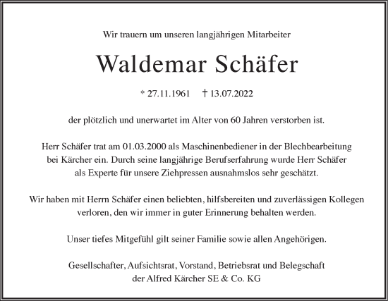 Traueranzeige von Waldemar Schäfer von Haller Tagblatt