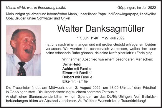 Traueranzeige von Walter Danksagmüller von NWZ Neue Württembergische Zeitung