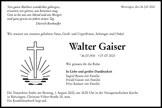 Traueranzeige von Walter Gaiser von Metzinger-Uracher Volksblatt