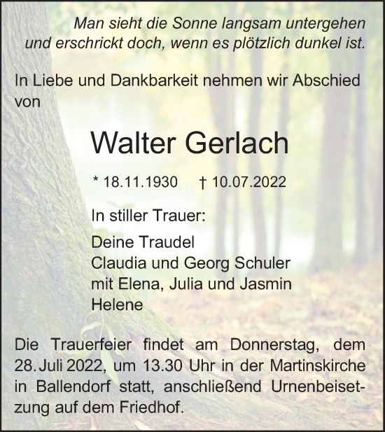 Traueranzeige von Walter Gerlach von SÜDWEST PRESSE Ausgabe Ulm/Neu-Ulm