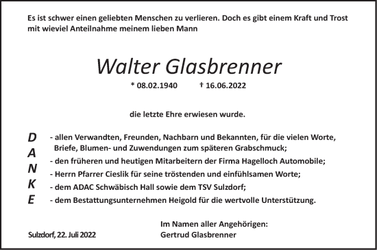 Traueranzeige von Walter Glasbrenner von Haller Tagblatt