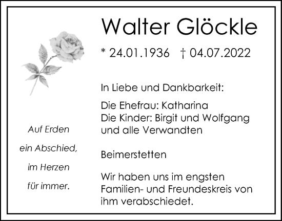 Traueranzeige von Walter Glöckle von SÜDWEST PRESSE Ausgabe Ulm/Neu-Ulm