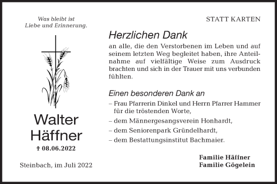 Traueranzeige von Walter Häffner von Hohenloher Tagblatt